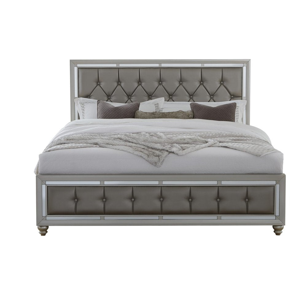 Silver Wood And Tufted Linen Queen Bed Frame With Nailhead Trim