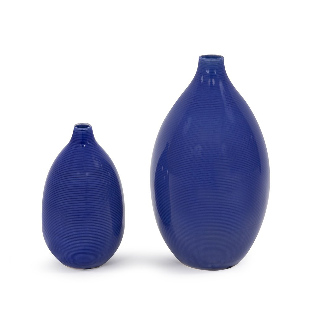 Set of Two Cobalt Ceramic Round Table Vases