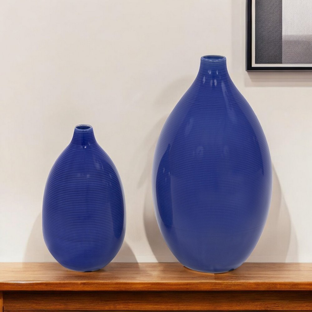 Set of Two Cobalt Ceramic Round Table Vases
