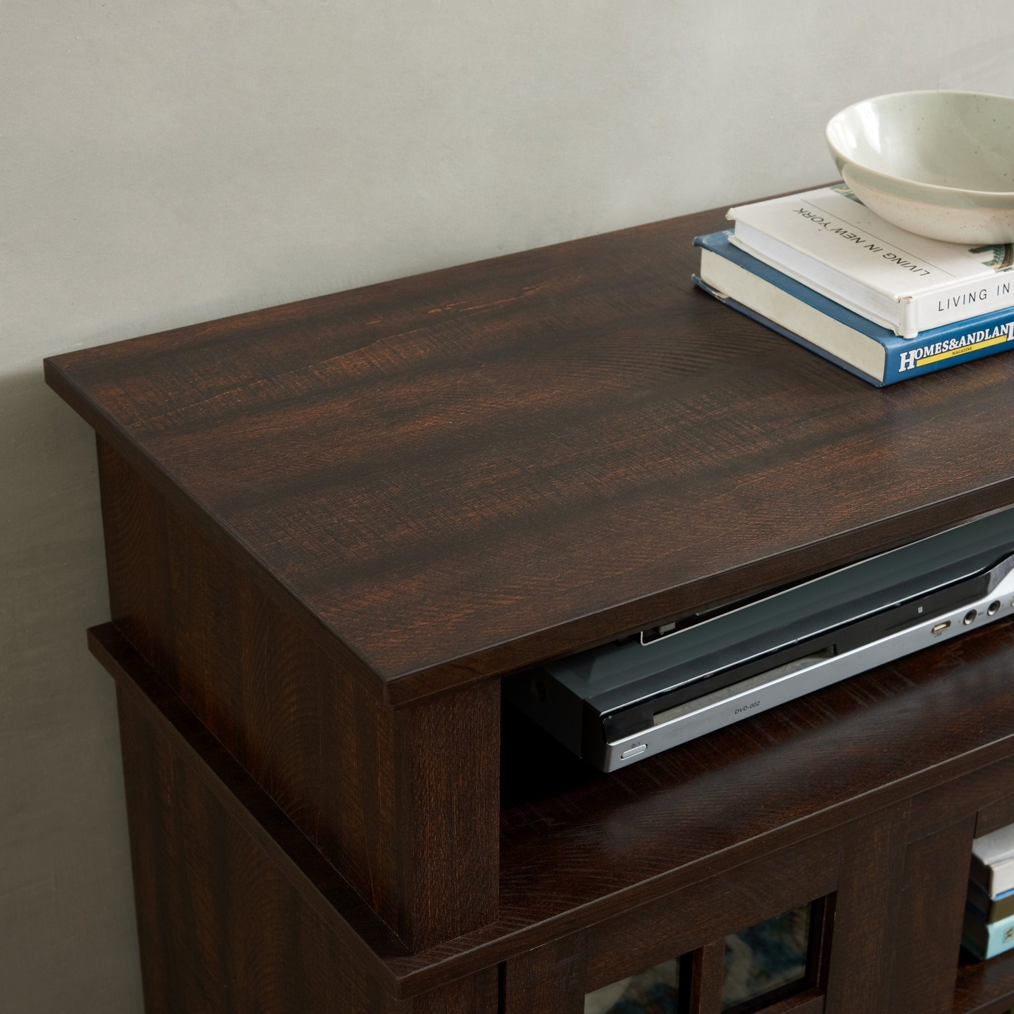 Espresso finish Anthony & Home TV media console from the Signature Collection with storage cabinets and open shelving.