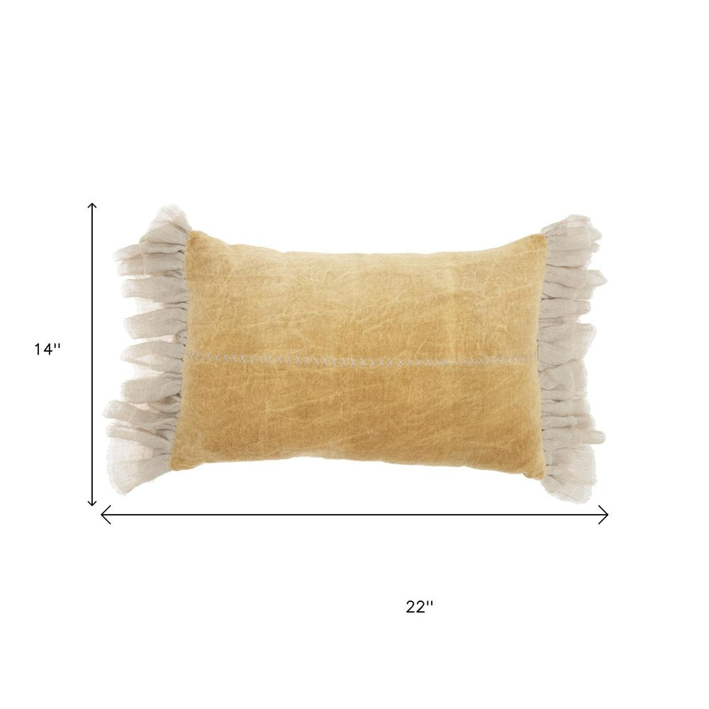 Wide Tasseled Marble Yellow Lumbar Pillow