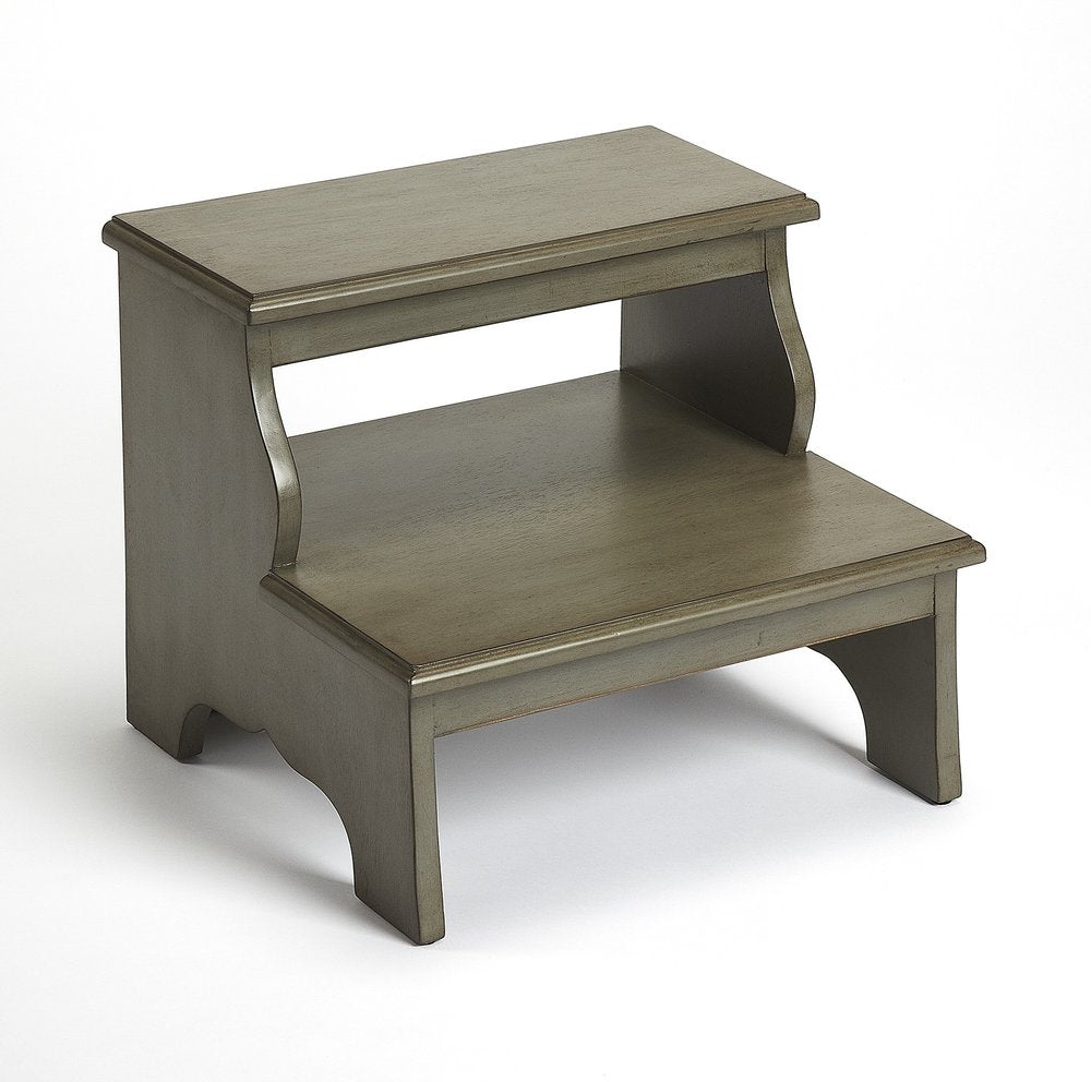 18-inch handcrafted silver satin step stool from HomeRoots, featuring a sturdy ladder design with a smooth, polished finish.
