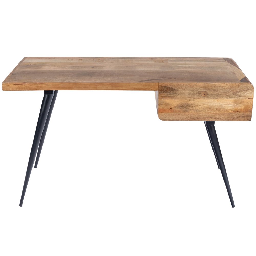 Brown and black mango wood writing desk with sleek design and sturdy legs, ideal for home office or workspace.
