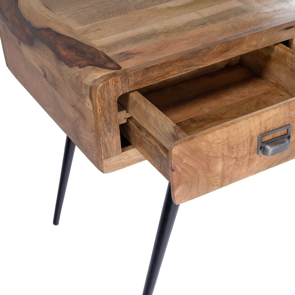 Brown and black mango wood writing desk with sleek design, featuring a spacious surface and sturdy legs.