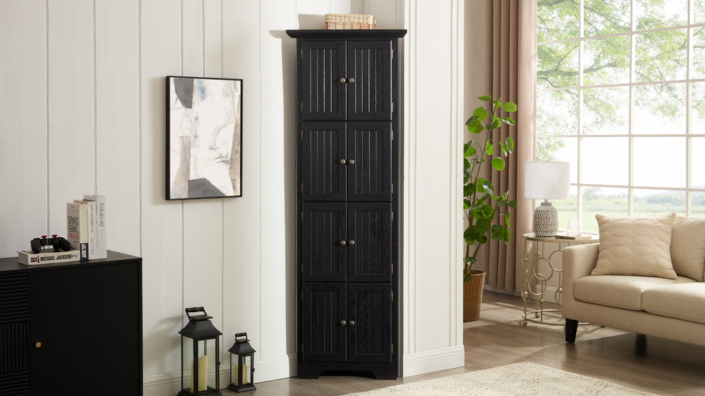 Matte black corner pantry cabinet from Anthony & Home's Studio Collection, featuring multiple shelves and a sleek modern design.