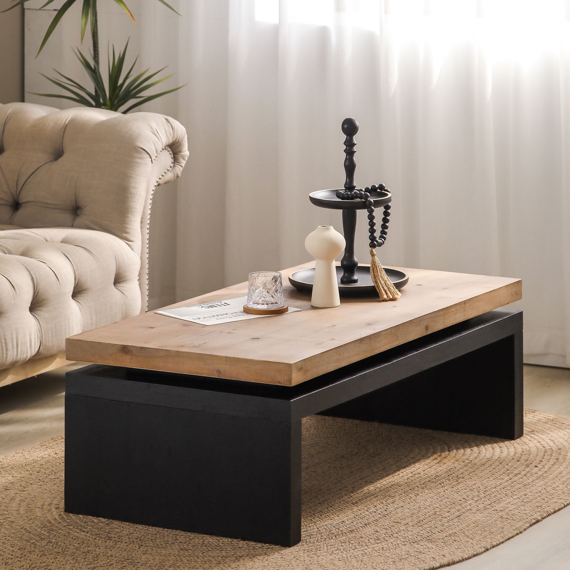 Two-tone wood floating top coffee table by Anthony & Home, showcasing modern design and sleek craftsmanship.