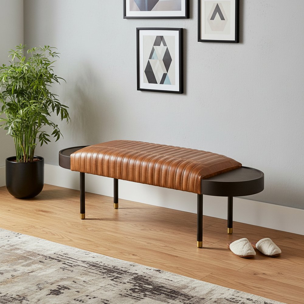 Warm Brown Leather And Solid Wood Bench