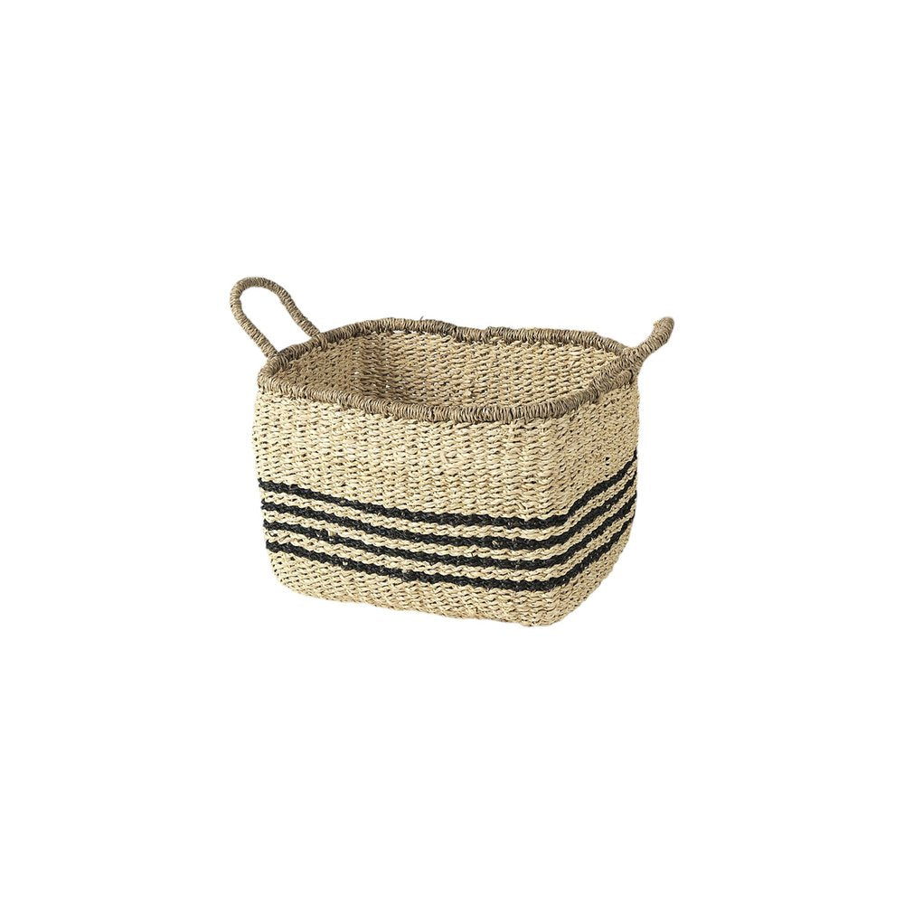 Set of Two Natural And Black Striped Seagrass Rattan Baskets