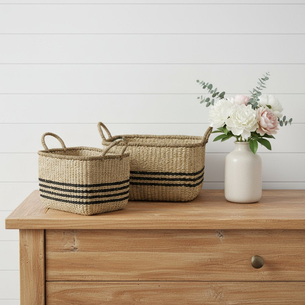 Set of Two Natural And Black Striped Seagrass Rattan Baskets