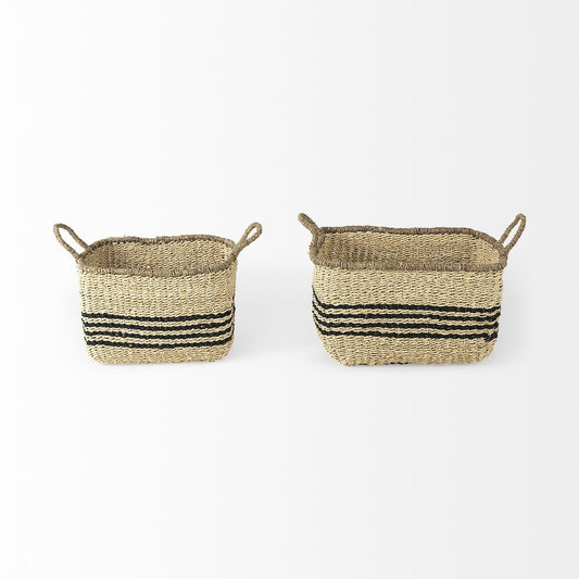 Set of Two Natural And Black Striped Seagrass Rattan Baskets