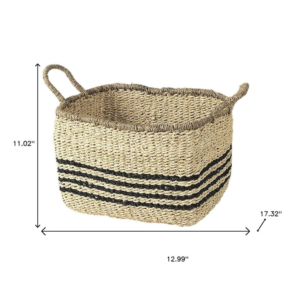 Set of Two Natural And Black Striped Seagrass Rattan Baskets