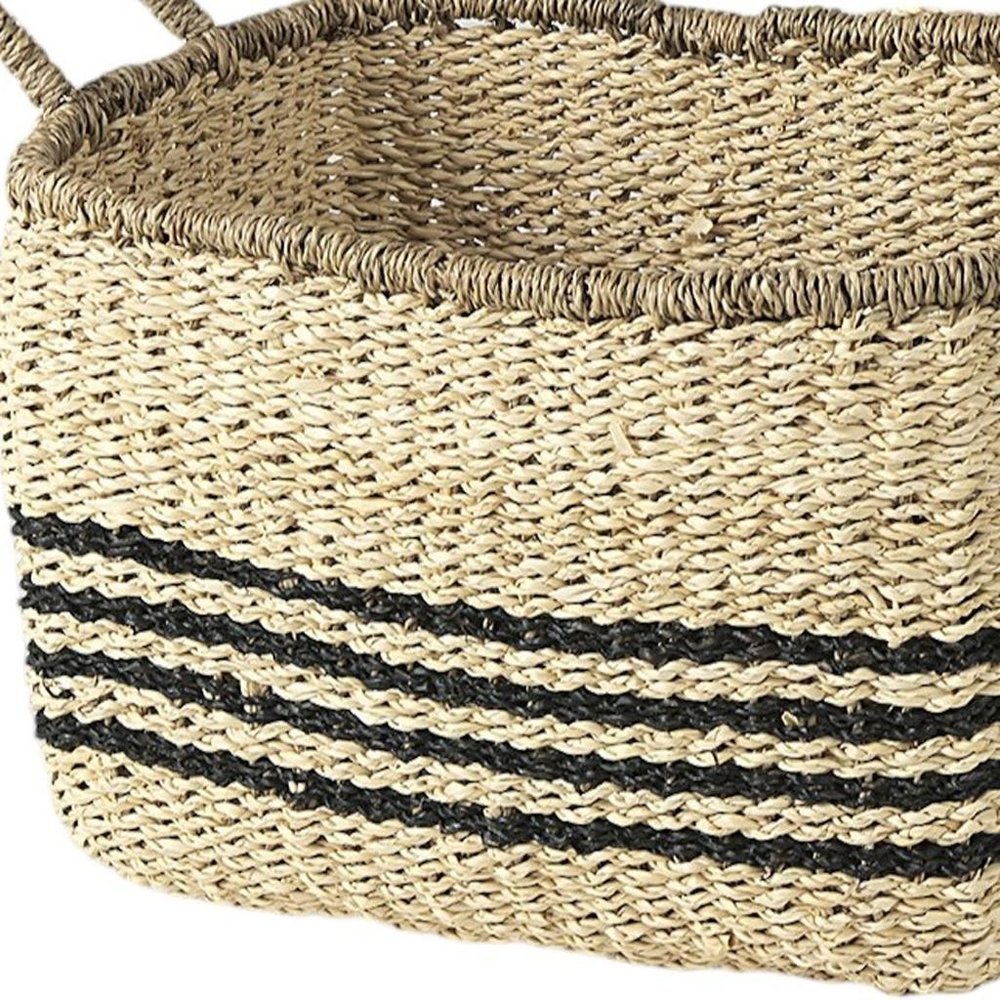 Set of Two Natural And Black Striped Seagrass Rattan Baskets