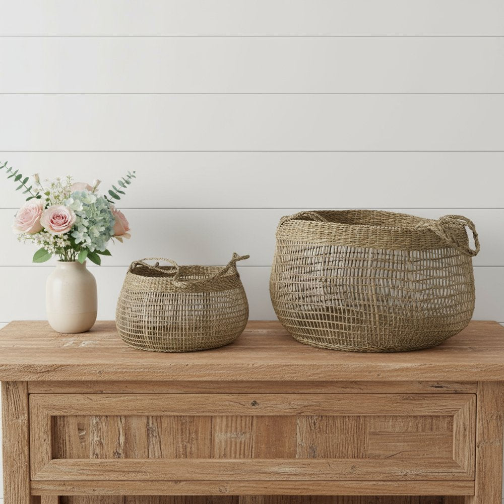 Set Of Two Wicker Storage Baskets With Long Handles