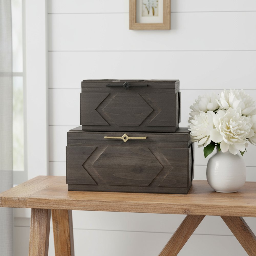 Set of Two Modern Rustic Brown Solid Wood Boxes