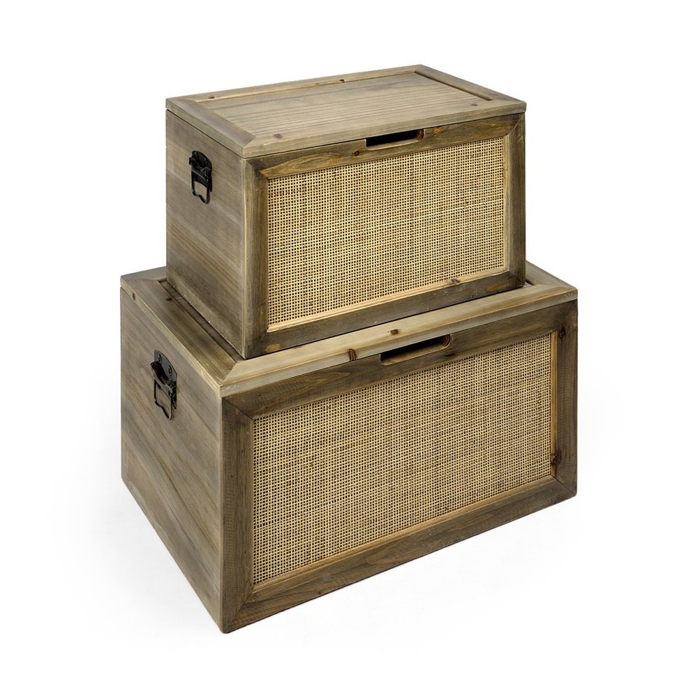 Set of two brown and natural cane and solid wood storage boxes with lids, ideal for home organizers and decor.