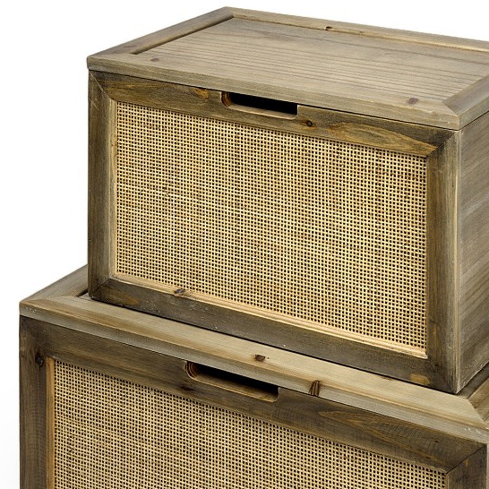 Set of two brown and natural cane and solid wood storage organizers with lids, designed for home organization.