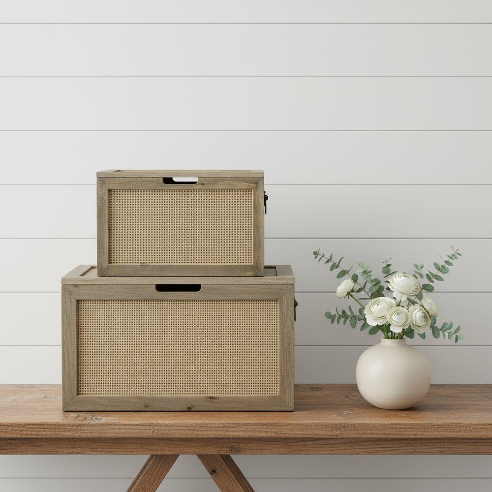 Set of two brown and natural cane and solid wood organizers with lids, ideal for storage and decorative organization.