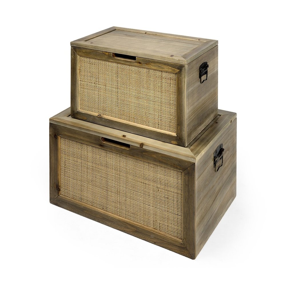 Set of two brown and natural cane and solid wood box organizers with lids, ideal for storage and home organization.