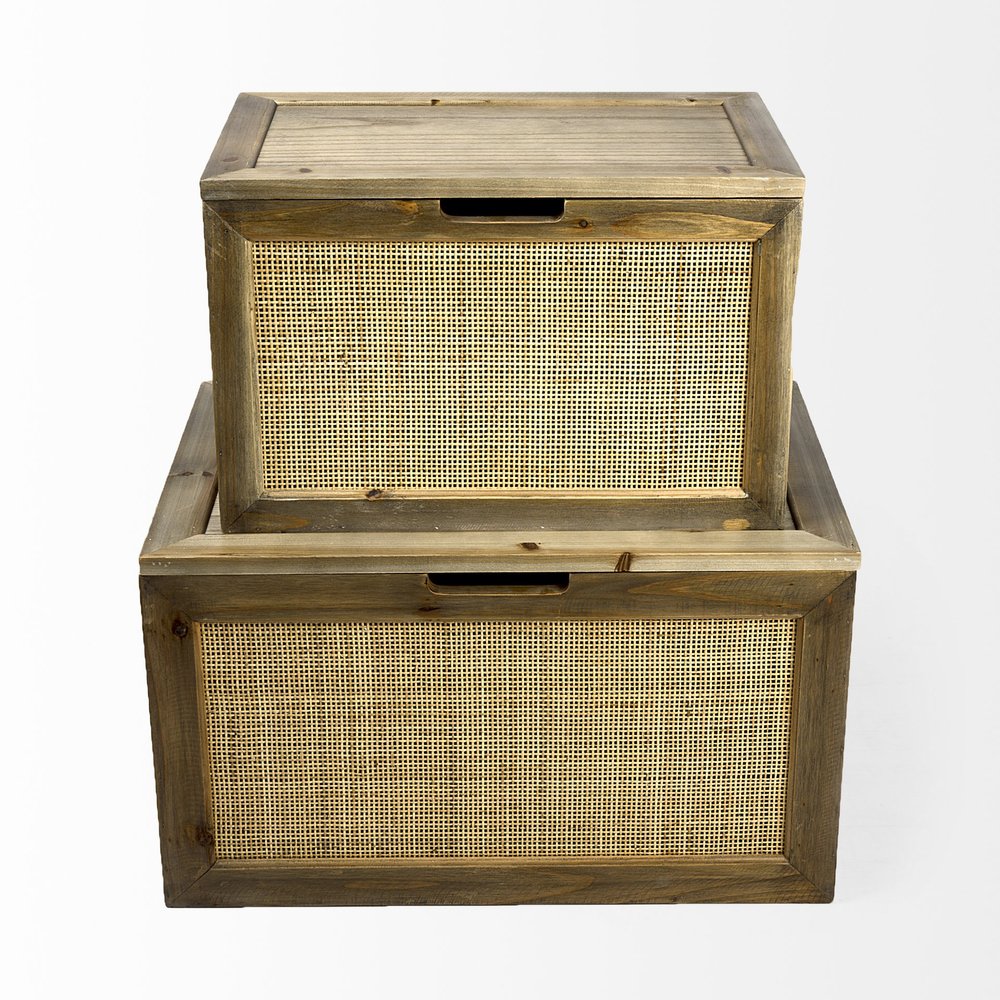 Set of two brown and natural cane and solid wood organizers with lids, ideal for storage and decorative use.