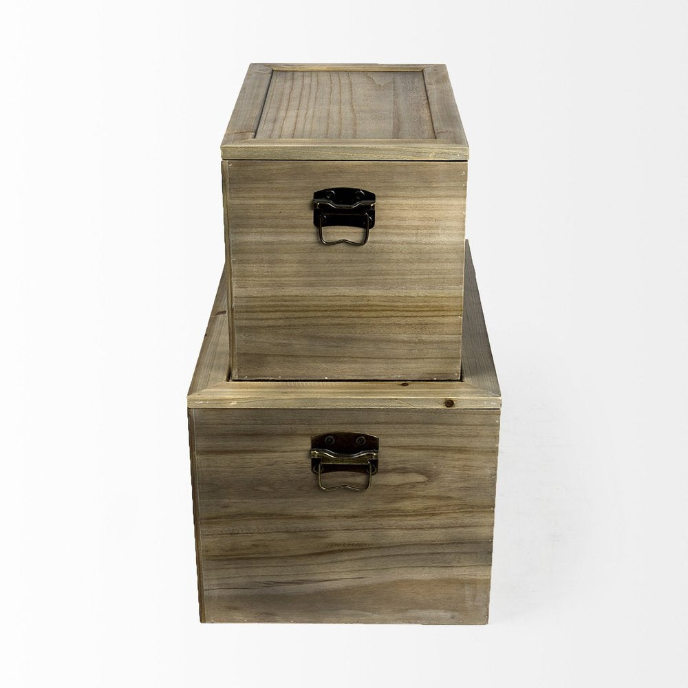 Set of two brown and natural cane and solid wood storage organizers with lids, ideal for home organization and decor.