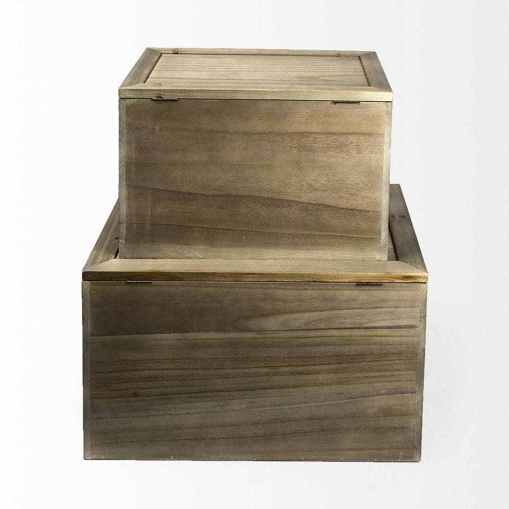 Set of two brown and natural cane and solid wood storage boxes with lids, ideal for home organization and decor.