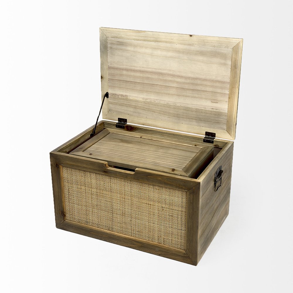 Set of two brown and natural cane and solid wood box organizers with lids, ideal for storage and decor.