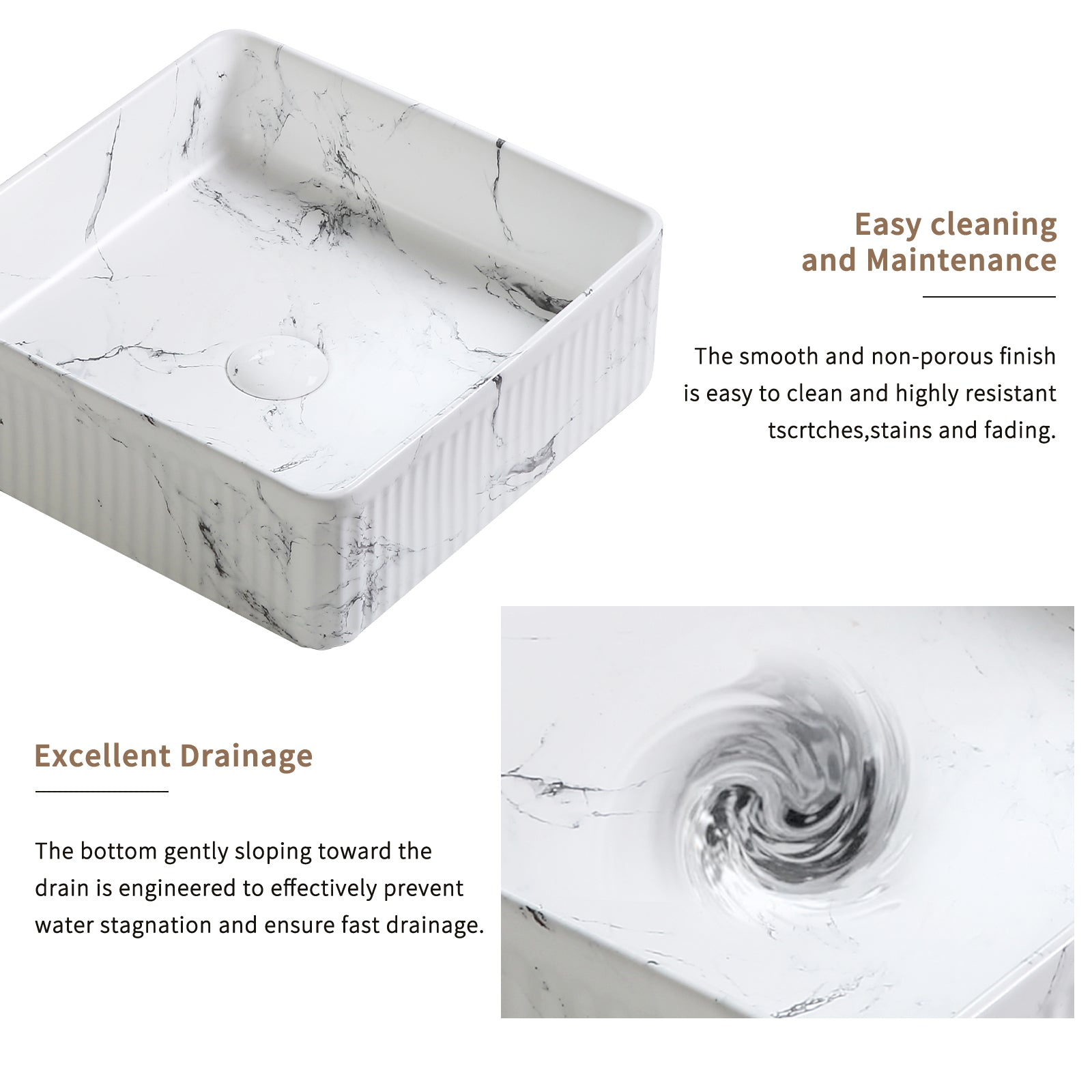 Black and white marble square vessel sink with round porcelain basin for bathroom vanity, includes faucet and countertop installation