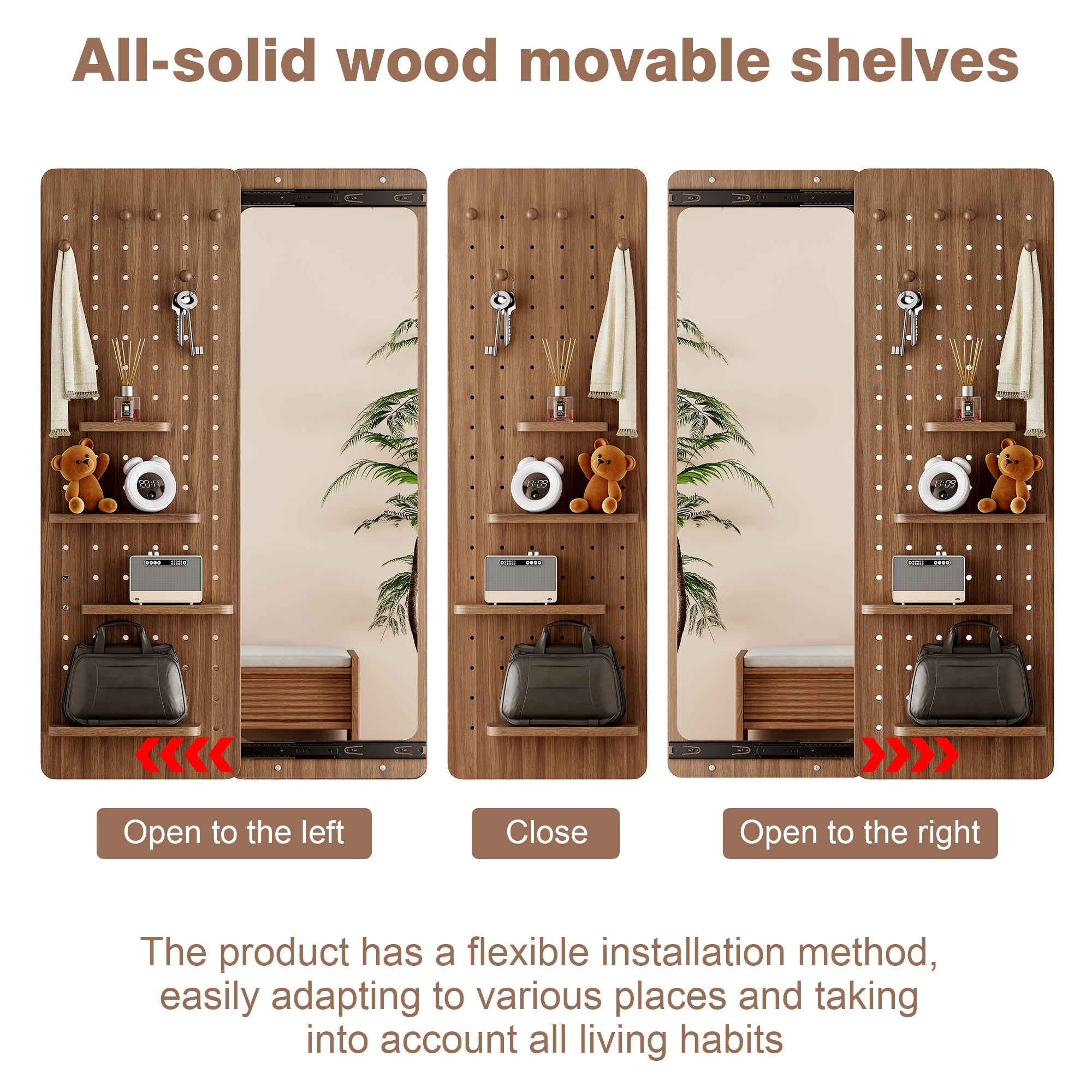 Walnut wall-mounted full-length mirror by Anthony & Home with sleek, modern design and a sturdy wooden frame.