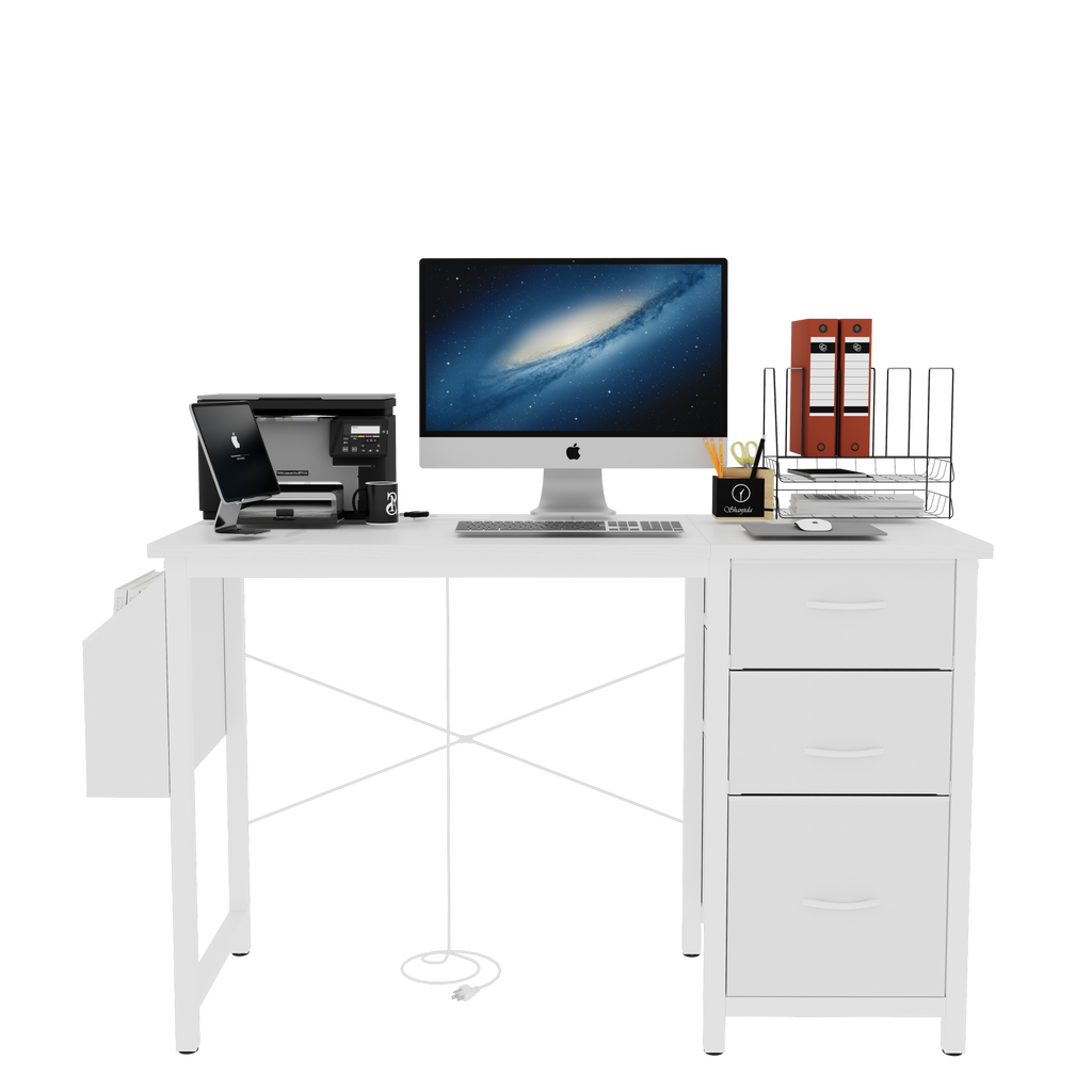Anthony & Home studio white lacquer office desk with three drawers, power outlet, reversible frame, easy to assemble.