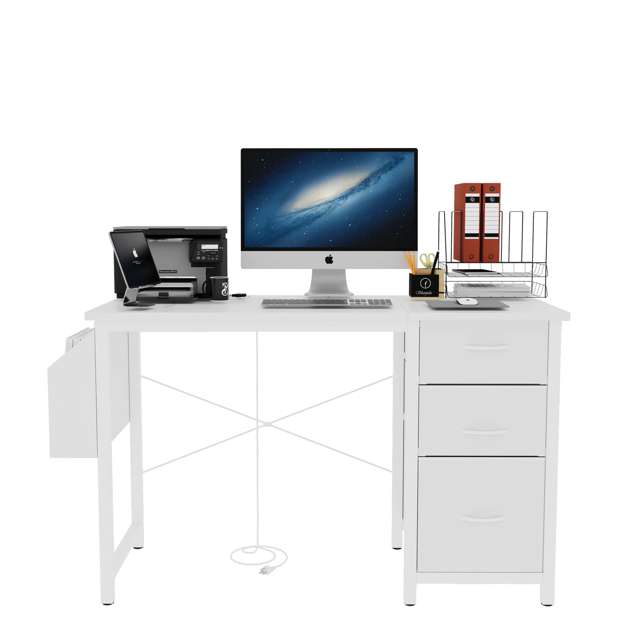 Anthony & Home studio white lacquer office desk with three drawers, power outlet, reversible frame, easy to assemble.