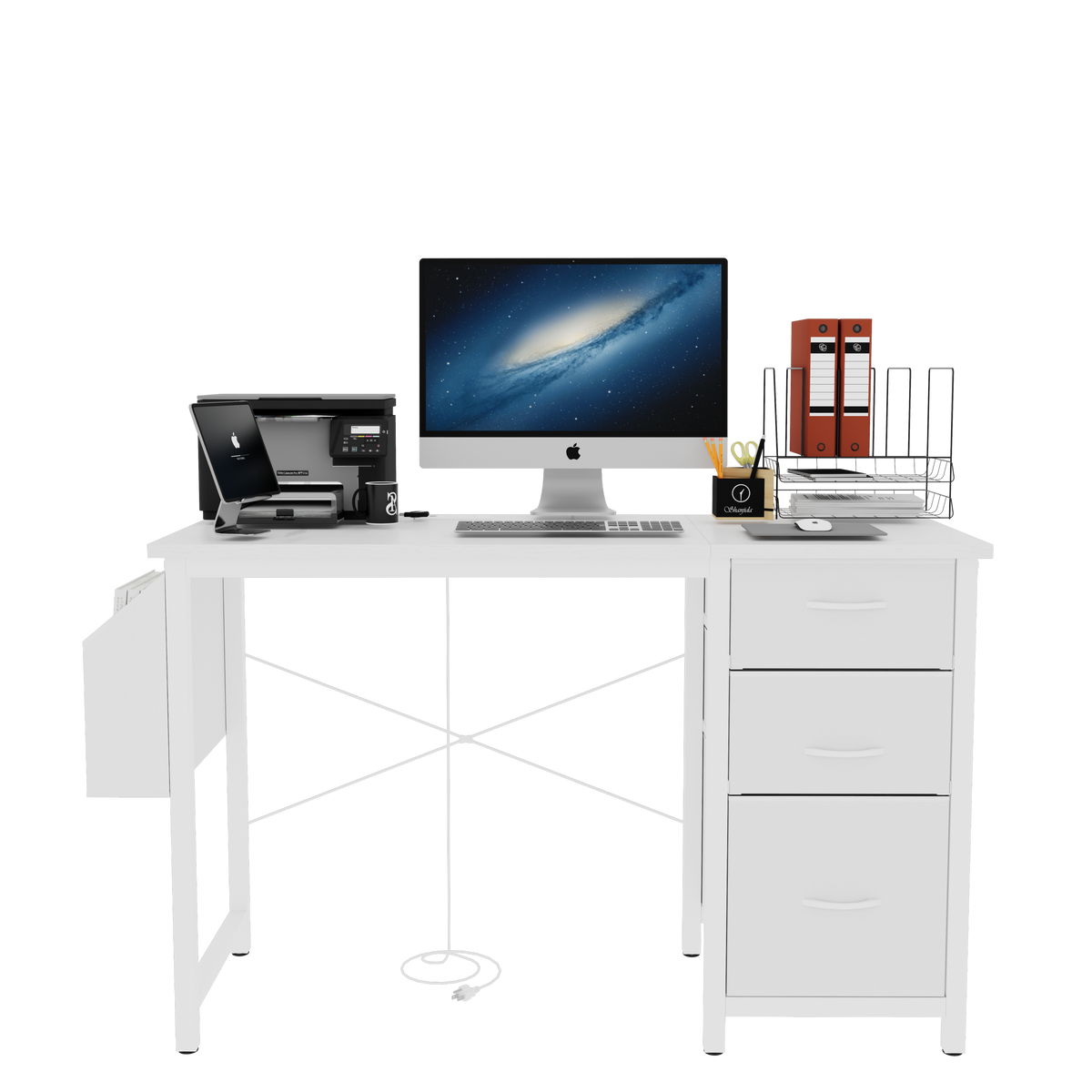 Anthony & Home studio white lacquer office desk with three drawers, power outlet, reversible frame, easy to assemble.