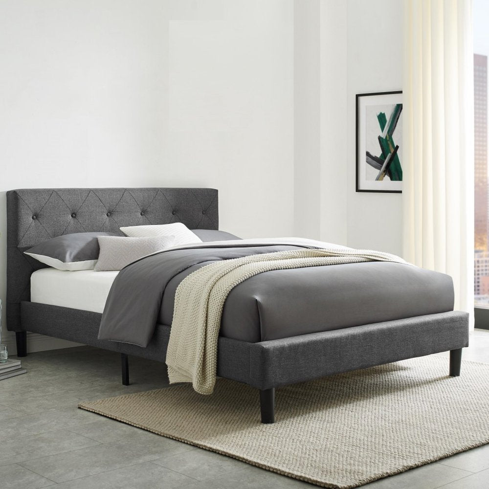 Gray Tufted Upholstered Queen Bed Frame