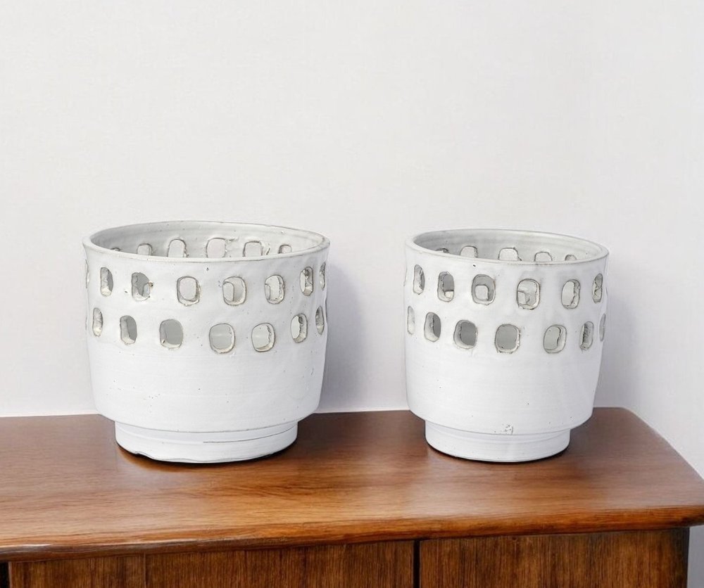 Set of Two White Abstract Cylinder Ceramic Table Vase
