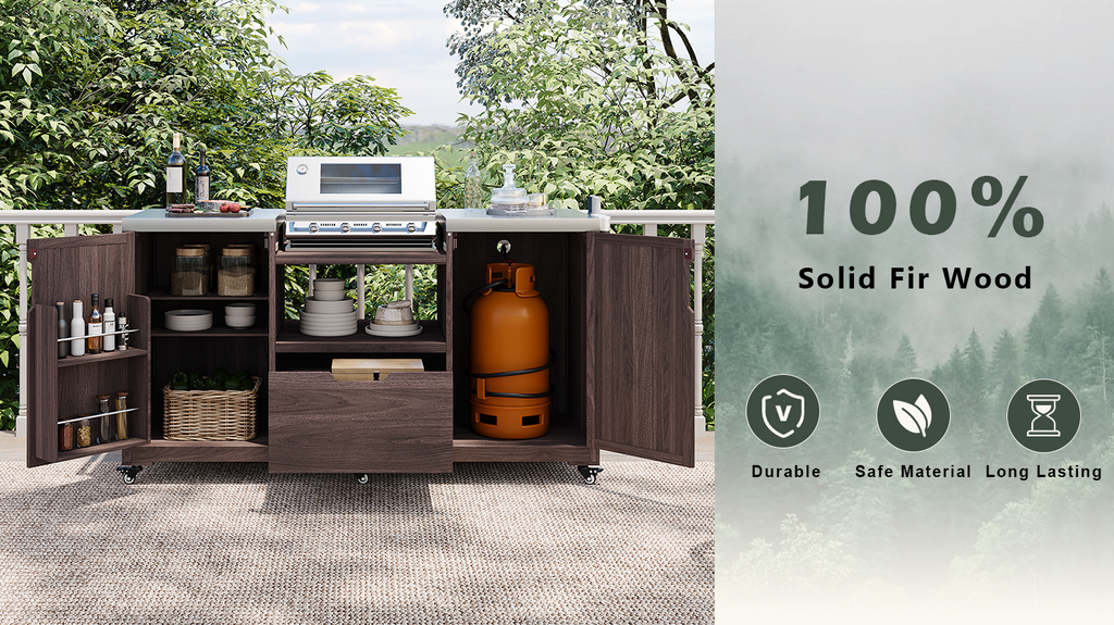 Anthony & Home Atelier Edition outdoor kitchen island with solid wood construction, designed for Kamado grills.