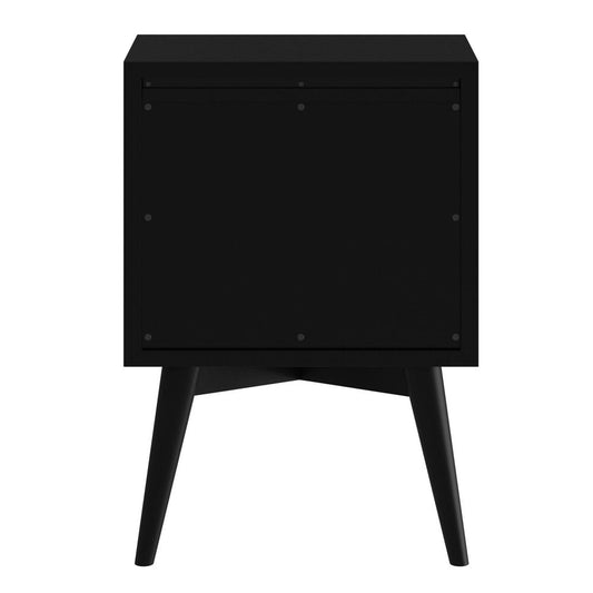 Black 26-inch solid wood nightstand with two drawers, featuring a sleek design and natural wood finish.