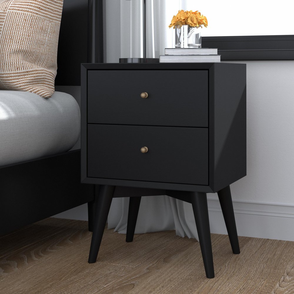 26" Black Solid Wood Two Drawer Nightstand