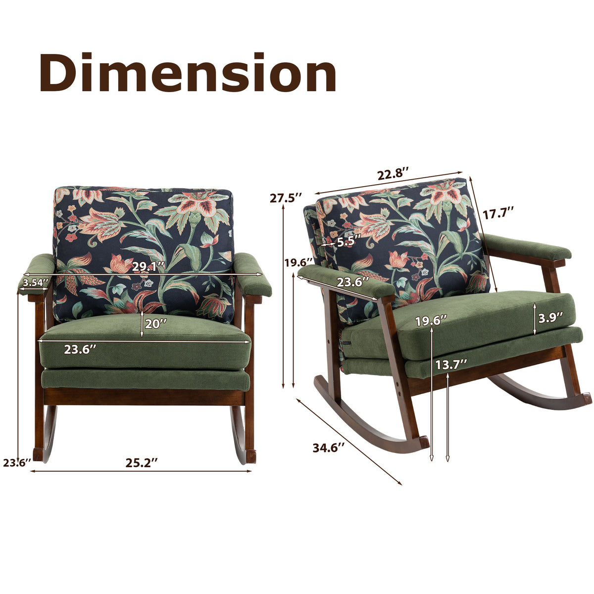 Mid-century modern walnut frame studio rocking chair with cushioned seat and armrests, designed for comfort and style.