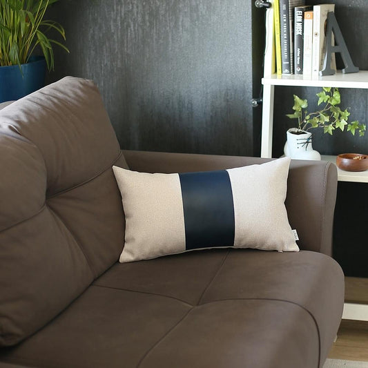 12" X 20" White And Navy Blue Lumbar Color Block Faux Leather Throw Pillow - Anthony & Home