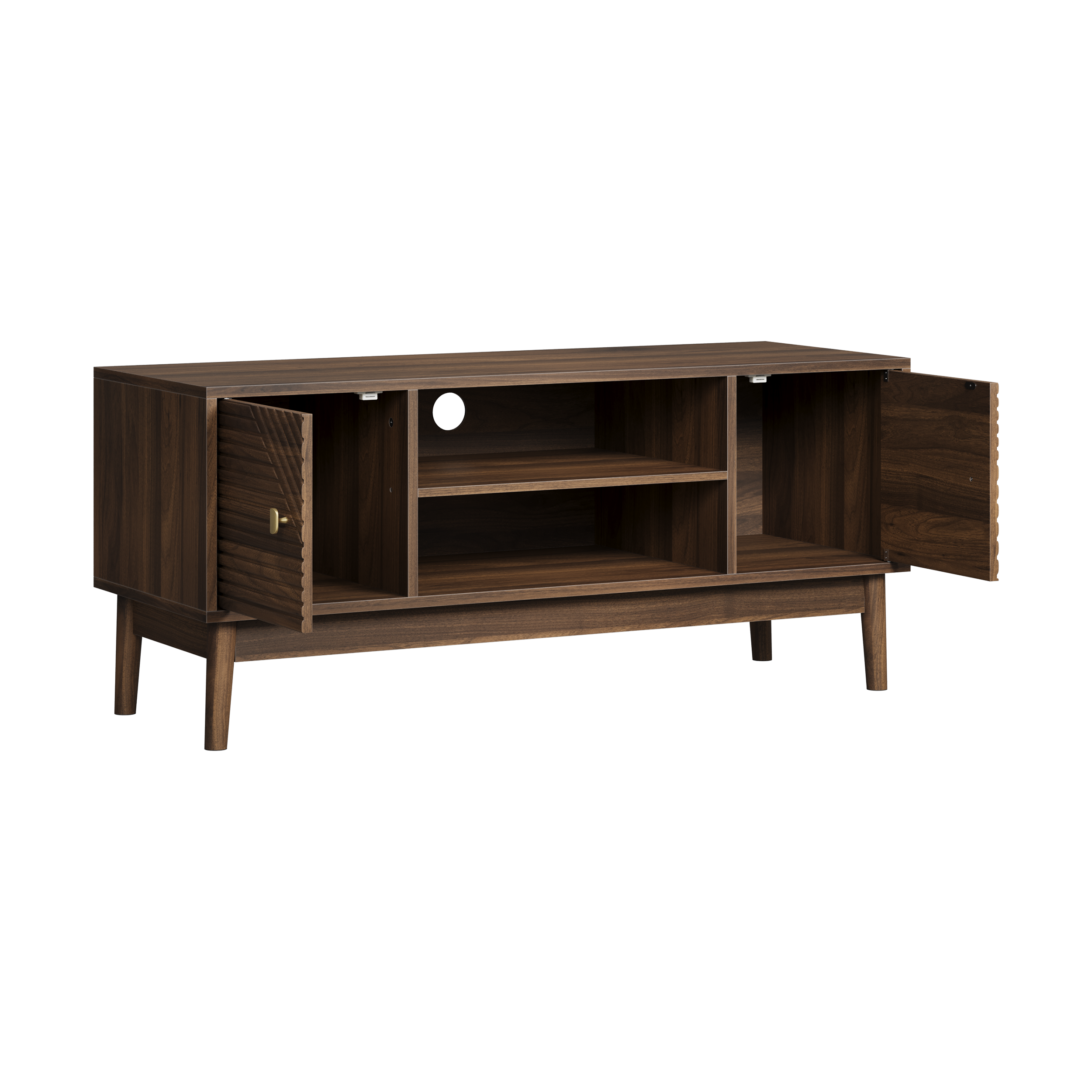 Walnut MDF mid-century modern TV stand for 32/45 inch TV with storage, 43.31-inch media console for living room or bedroom.