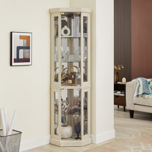 White lacquer lighted corner curio cabinet by Anthony & Home with glass doors and interior shelving.