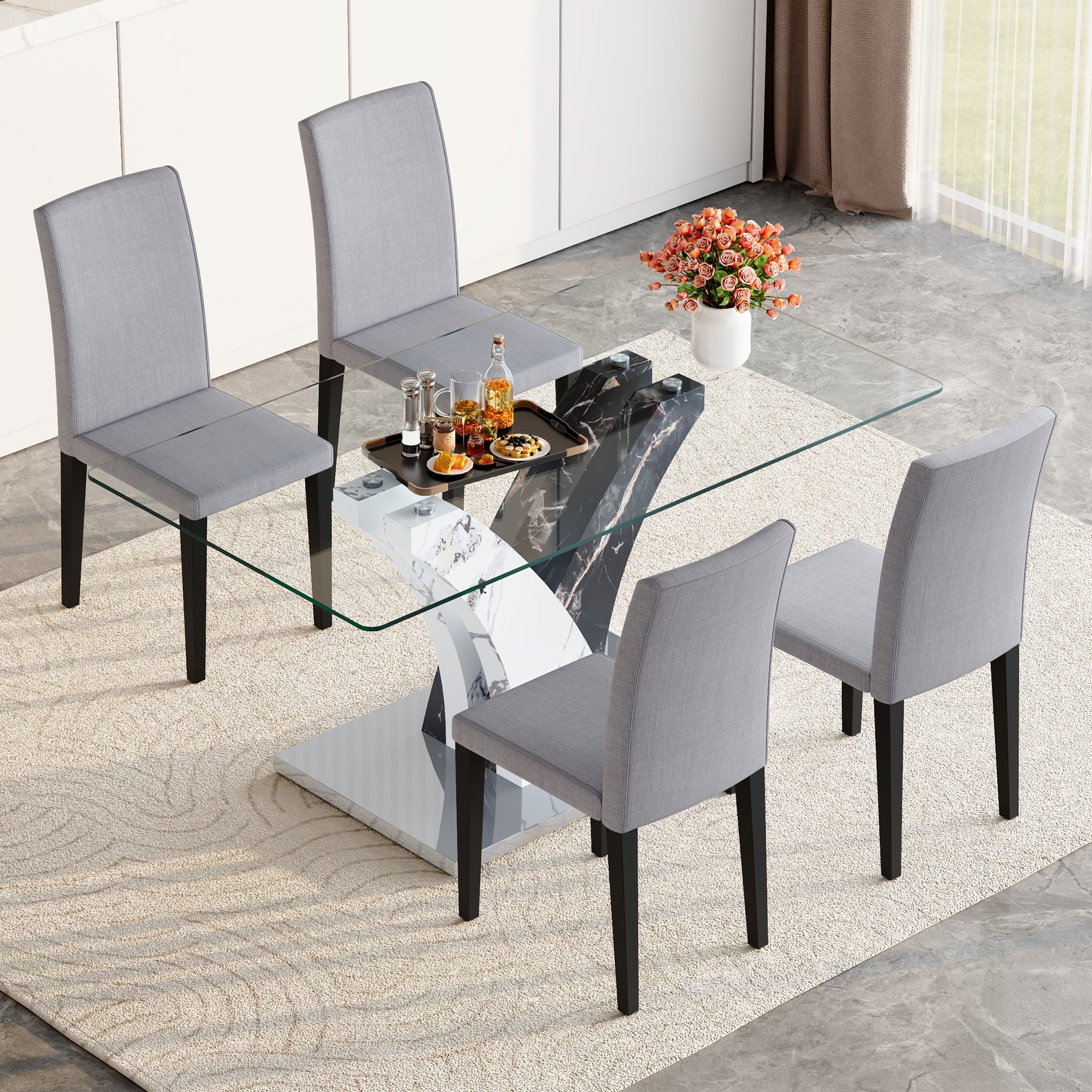 Anthony & Home tempered glass dining table with matching chairs set, modern design for stylish dining spaces.