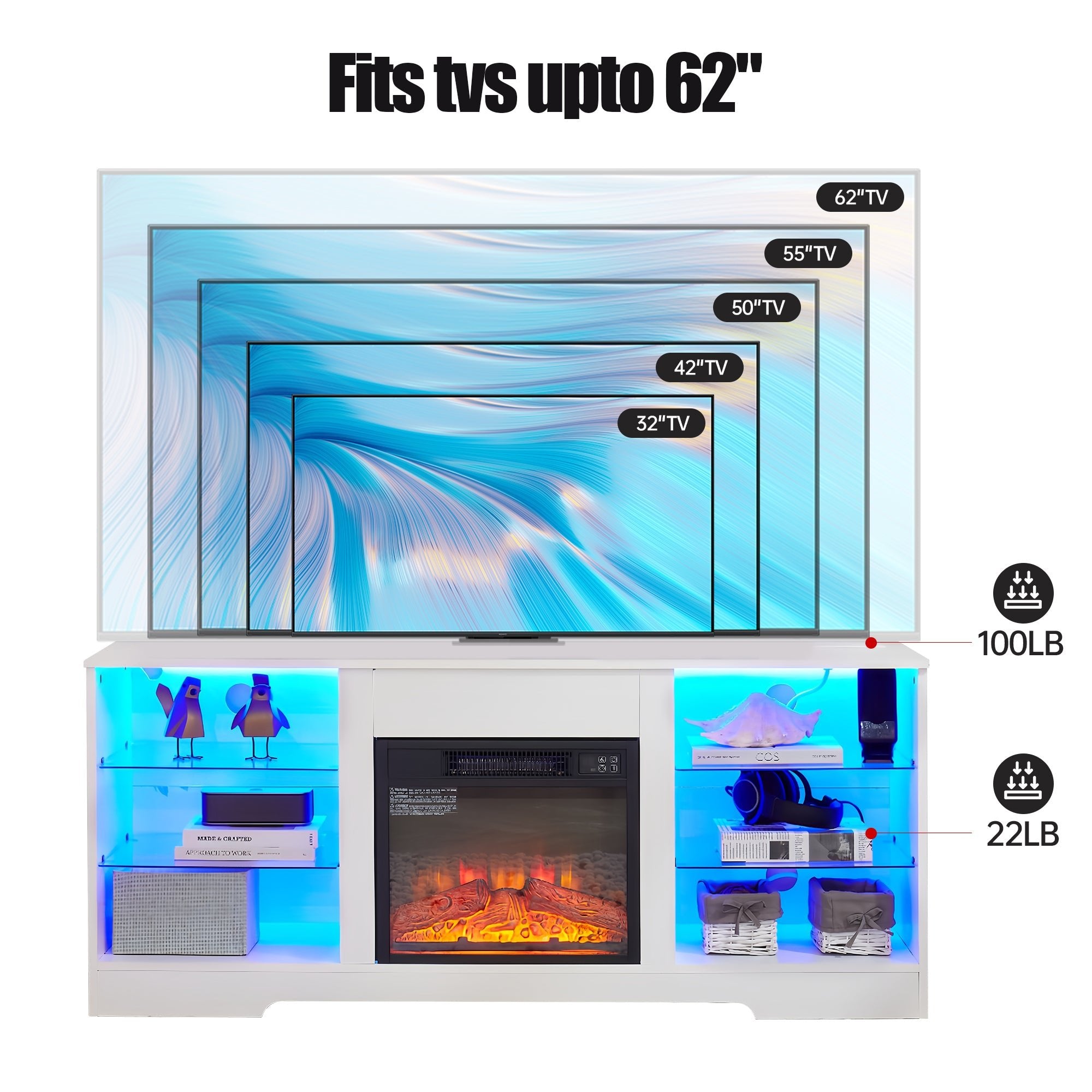 Anthony & Home electric fireplace TV stand with glass shelves, modern design, black finish, and built-in fire feature.