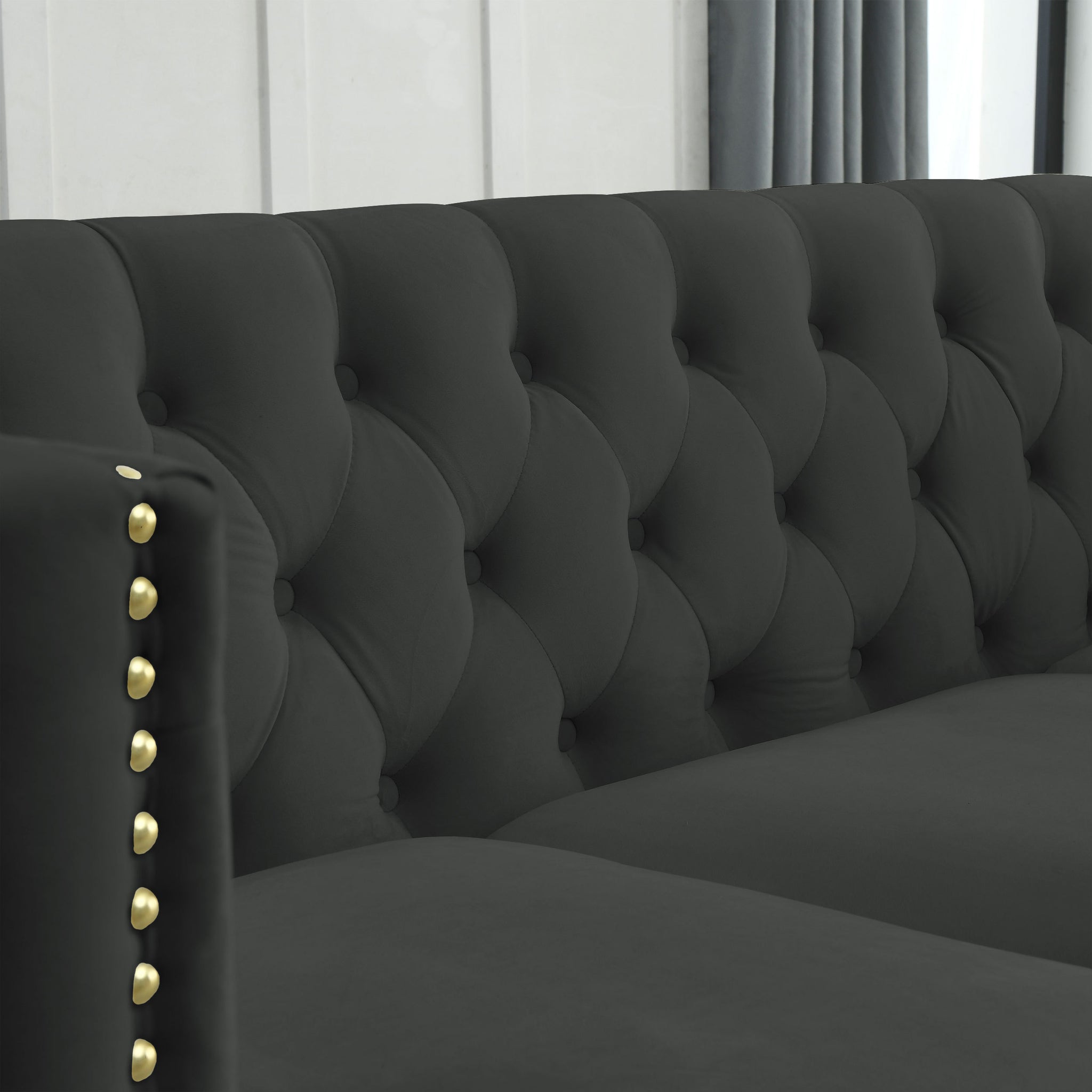 Black Atelier Velvet Tufted 3-Seater Sofa with metal legs by Anthony & Home, showing plush tufted upholstery and modern design.