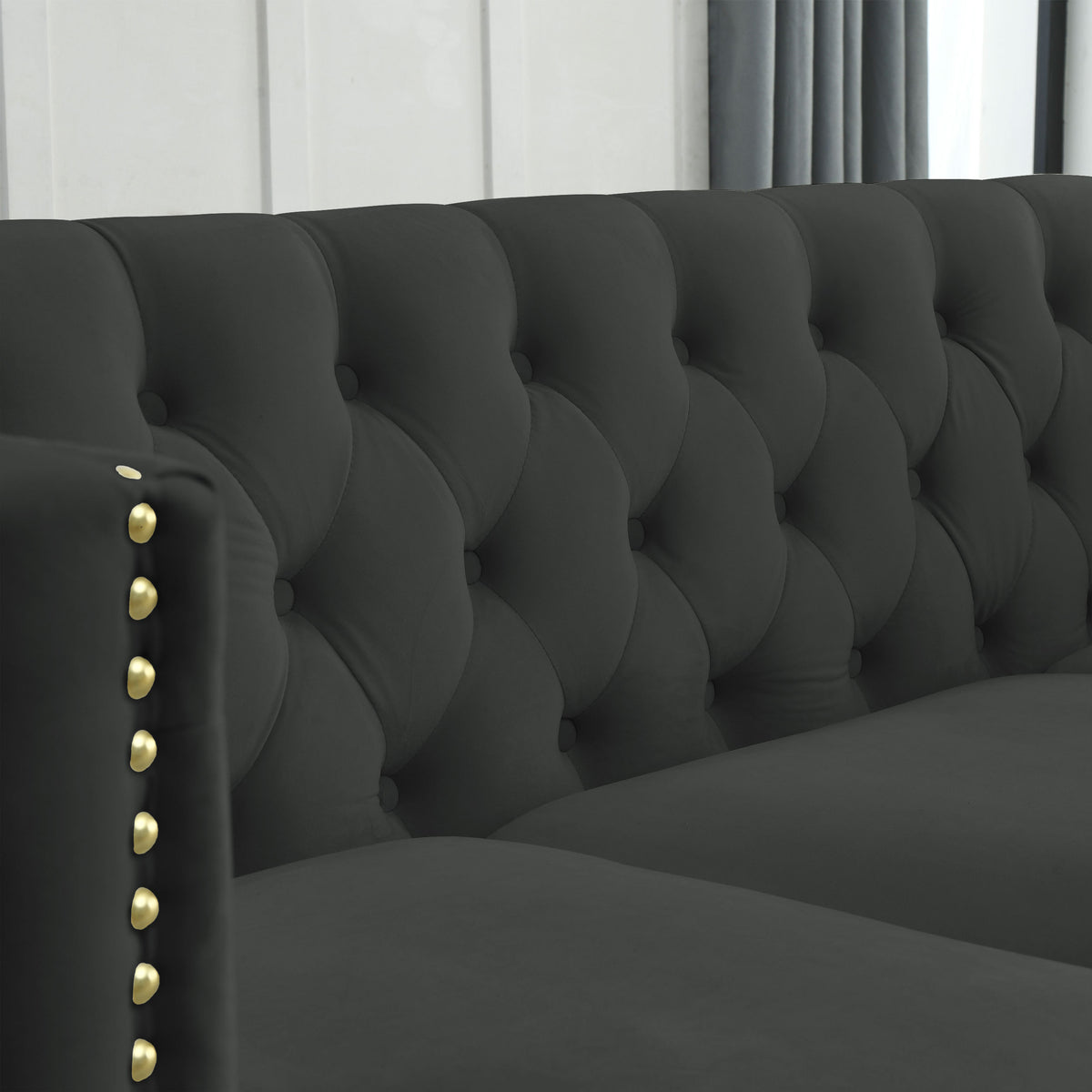 Black Atelier Velvet Tufted 3-Seater Sofa with metal legs by Anthony & Home, showing plush tufted upholstery and modern design.