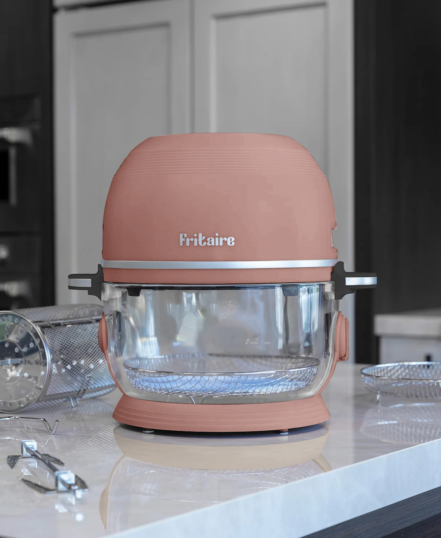 Fritaire Self-Cleaning Air Fryer in Mauve Rose, a modern kitchen appliance with non-toxic cooking features and sleek design.