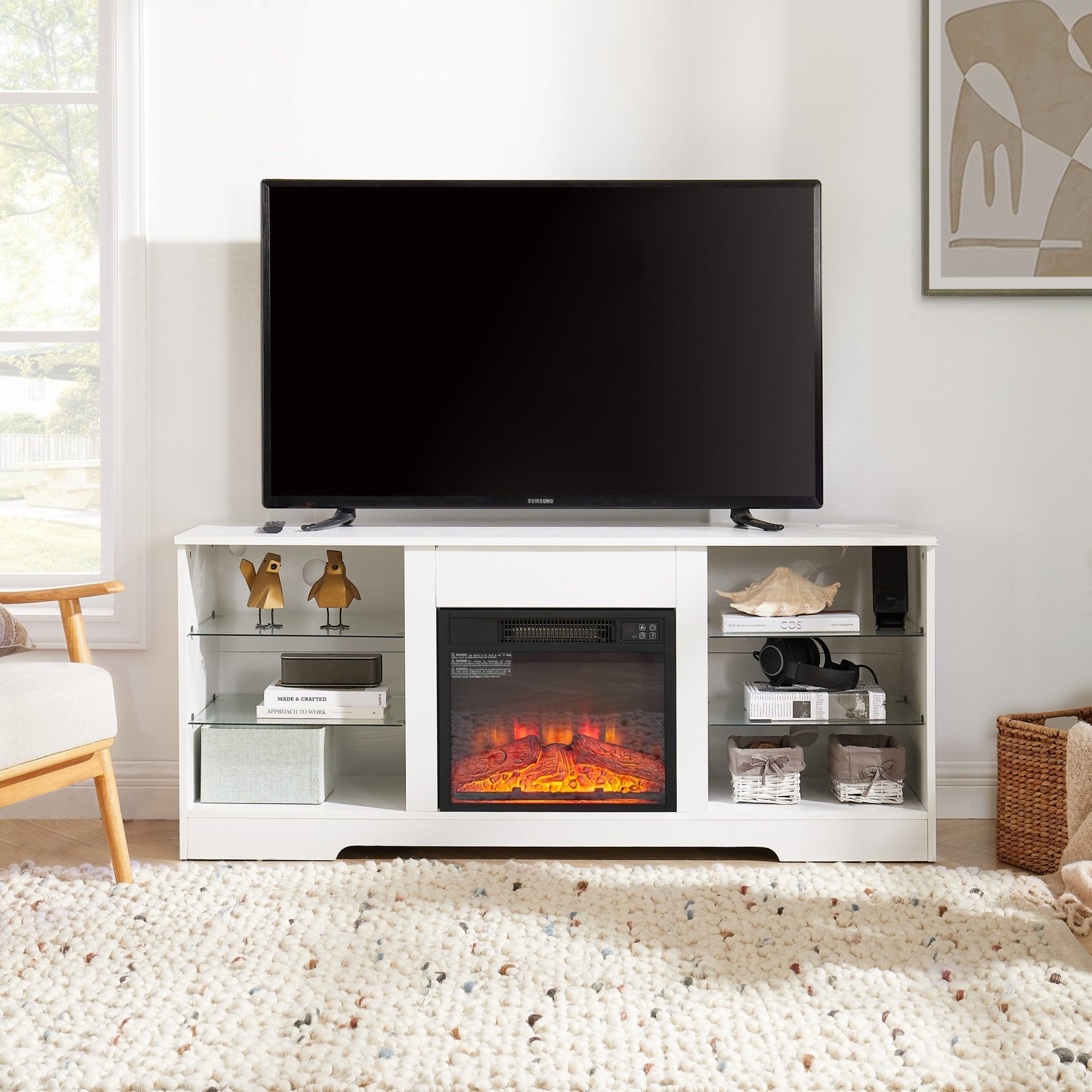 Anthony & Home electric fireplace TV stand with glass shelves, modern design, and built-in fireplace feature.