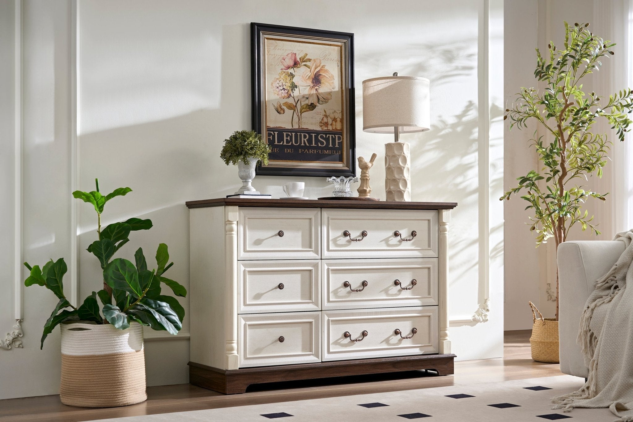 Walnut finish six-drawer dresser from Anthony & Home's Heritage Collection, featuring a timeless design for bedroom storage.
