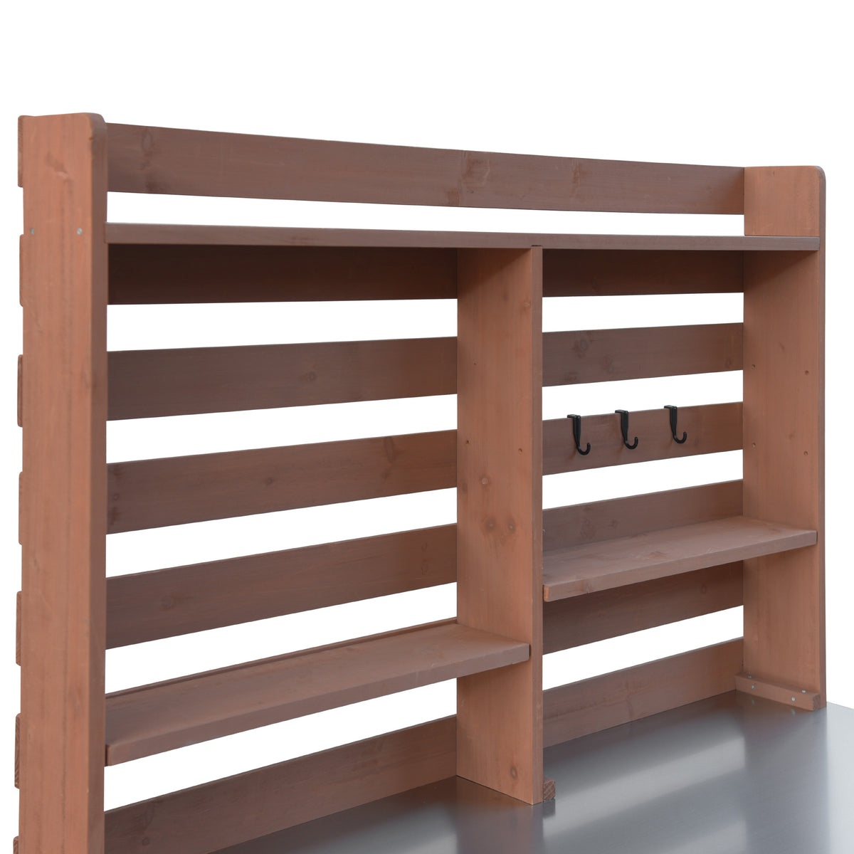 Anthony & Home Signature outdoor potting bench with stainless steel top, featuring storage shelves and gardening workspace.