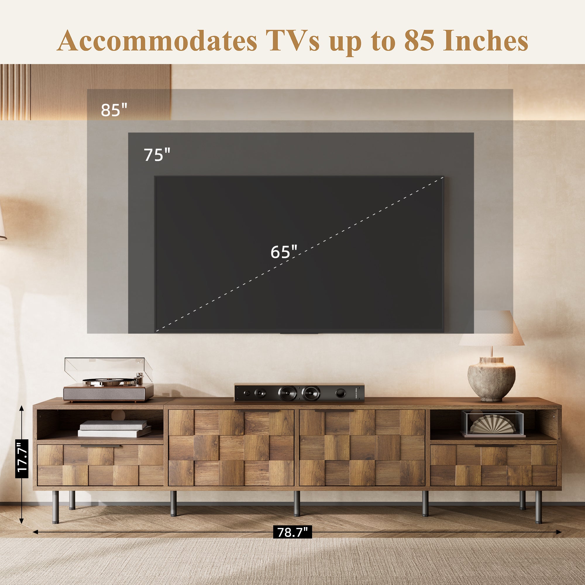 Anthony & Home mid-century TV stand with natural finish, two drawers and sleek design, suitable for modern living rooms.