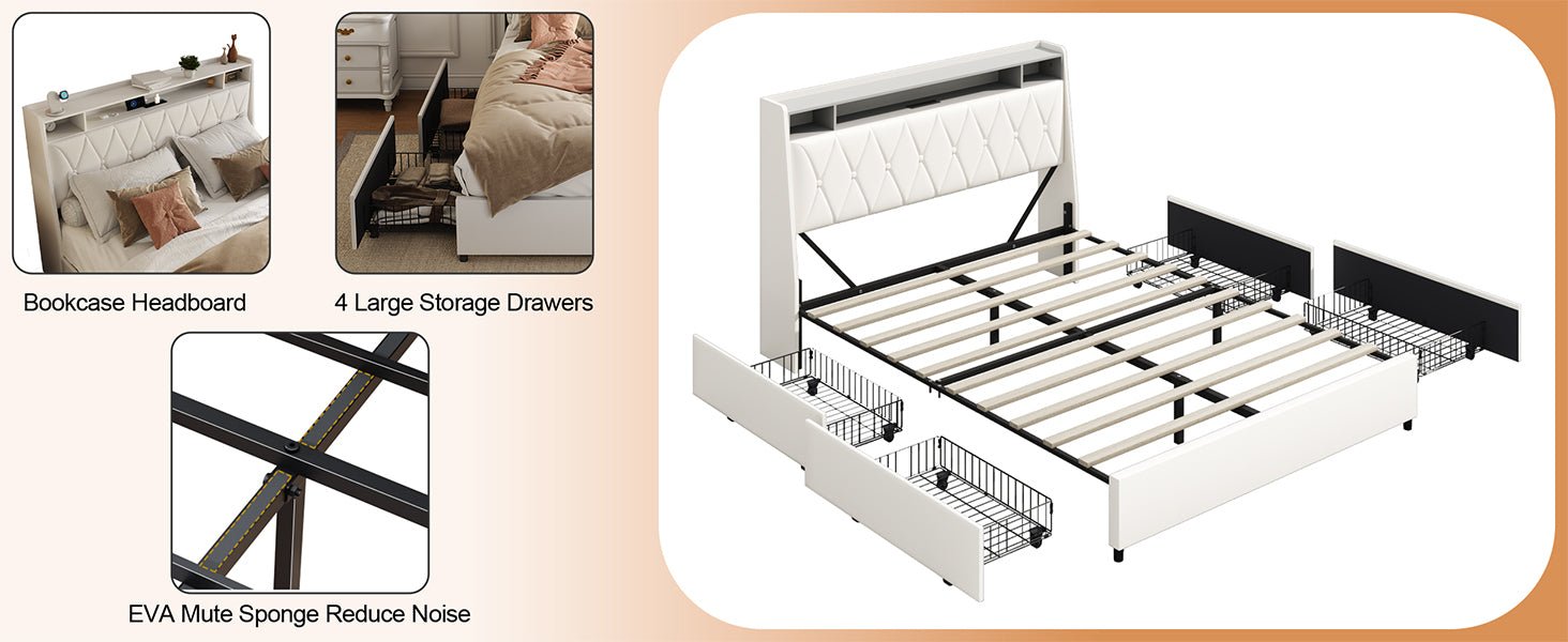 Anthony & Home Signature Edition queen bed frame with faux leather upholstery, metal base, ergonomic headboard, and LED lighting.